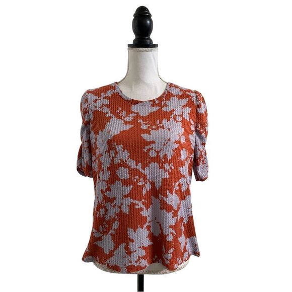 Simply Vera Vera Wang Ruched Elbow Sleeve Floral Tee Shirt Damask Floral Medium - Picture 2 of 6